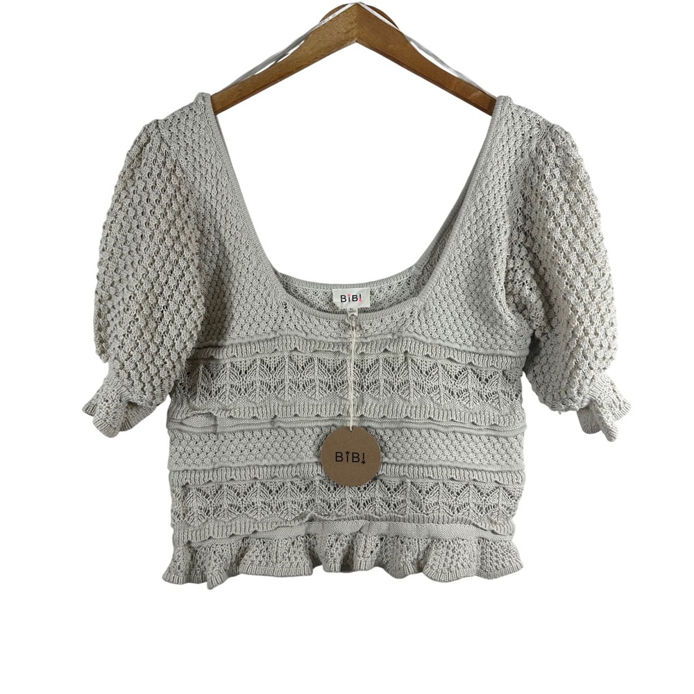 BiBi Cream Crochet Knit Ruffle Crop Top Puff Sleeve Cottagecre Bohoโ Womens XL